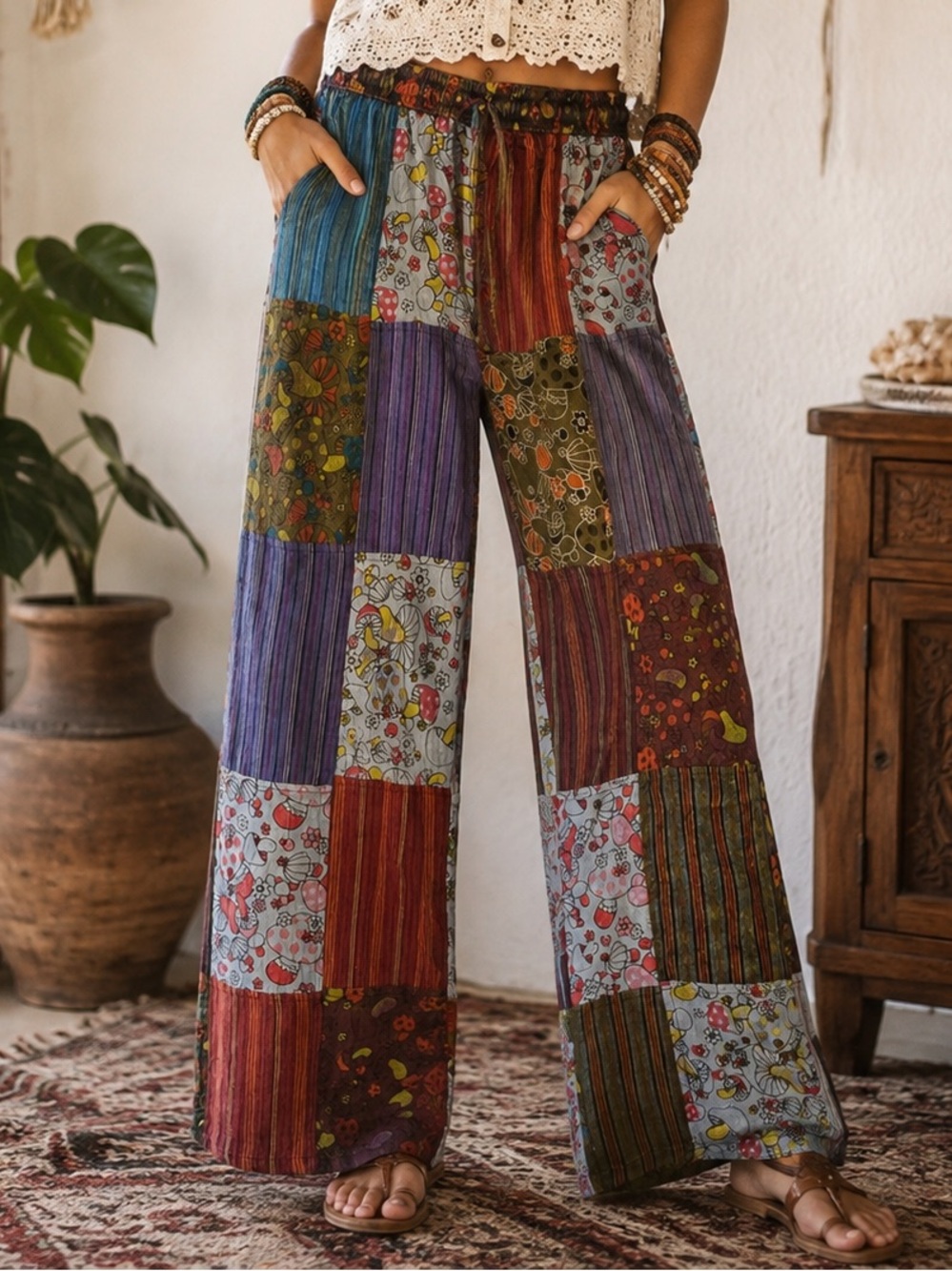 Boho Patchwork Wide Leg Pants Size Small NWT Elastic Waist Festival Hippie NWT
